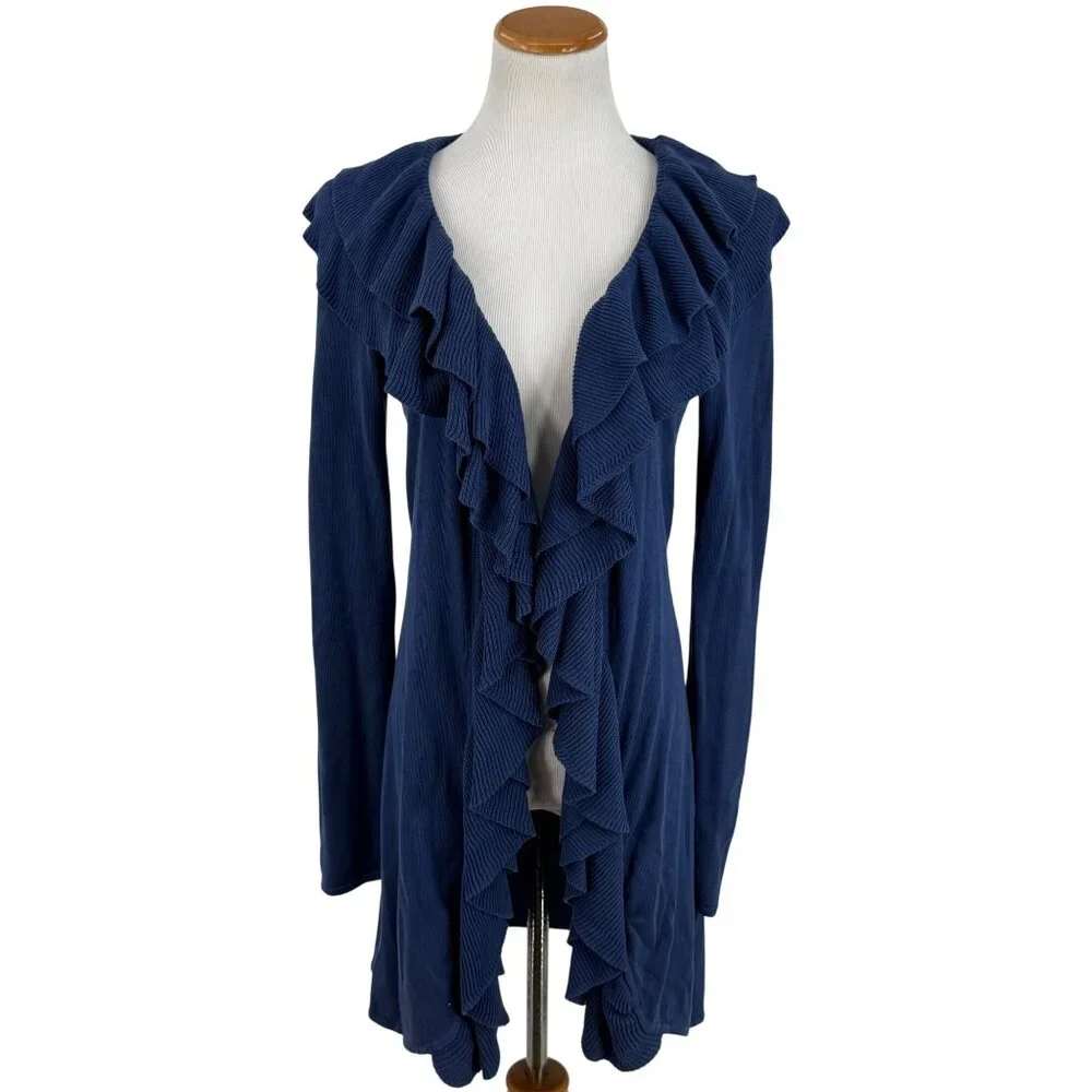 Vintage Y2K I.N.C Blue Ruffled Silk Cotton Cardigan | Coquette Minimalist Boho M - Picture 9 of 14